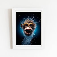Warren Reed - Designer Splashart Cheeky Chimp Face With Glasses Framed Art Print in White | Size: W16" x H24"