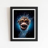 Warren Reed - Designer Splashart Cheeky Chimp Face With Glasses Framed Art Print in Black | Size: W24" x H36"