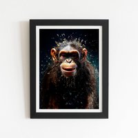 Warren Reed - Designer Realistic Monkey Face Splashart Framed Art Print in Black | Size: W8" x H10"