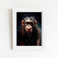 Warren Reed - Designer Realistic Monkey Face Splashart Framed Art Print in White | Size: W20" x H30"