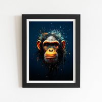 Warren Reed - Designer Splashart Realistic Monkey Face Framed Art Print in Black | Size: W20" x H30"