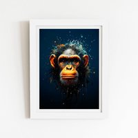Warren Reed - Designer Splashart Realistic Monkey Face Framed Art Print in White | Size: W20" x H30"