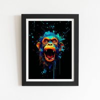 Warren Reed - Designer Crazy Monkey face Splashart Framed Art Print in Black | Size: W8" x H10"