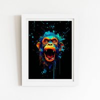 Warren Reed - Designer Crazy Monkey face Splashart Framed Art Print in White | Size: W20" x H30"