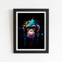 Warren Reed - Designer Monkey Face Splashart with Blue Framed Art Print in Black | Size: W16" x H24"