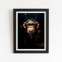 Warren Reed - Designer Splashart Cheeky Chimp Face Framed Art Print in Black | Size: W8" x H10"