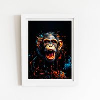 Warren Reed - Designer Monkey Face Splashart Framed Art Print in White | Size: W12" x H16"