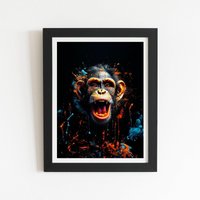 Warren Reed - Designer Monkey Face Splashart Framed Art Print in Black | Size: W16" x H24"
