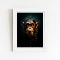 Warren Reed - Designer Splashart Monkey Face Framed Art Print in White | Size: W8" x H10"