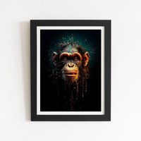 Warren Reed - Designer Splashart Monkey Face Framed Art Print in Black | Size: W16" x H24"