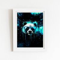 Warren Reed - Designer Blue Splashart Panda Face Framed Art Print in White | Size: W16" x H24"