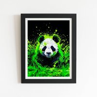 Warren Reed - Designer Green Splashart Panda Face Framed Art Print in Black | Size: W8" x H10"