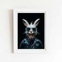 Warren Reed - Designer Funky Rabbit Face With Glasses Framed Art Print in White | Size: W16" x H24"