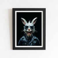 Warren Reed - Designer Funky Rabbit Face With Glasses Framed Art Print in Black | Size: W24" x H36"