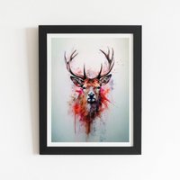Warren Reed - Designer Watercolour Splashart Stag Face Framed Art Print in Black | Size: W8" x H10"