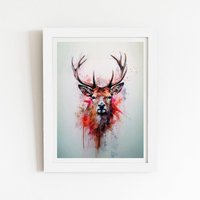 Warren Reed - Designer Watercolour Splashart Stag Face Framed Art Print in White | Size: W16" x H24"