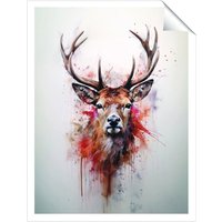 Warren Reed - Designer Watercolour Splashart Stag Face Unframed Art Print | Size: W24" x H36"