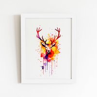 Warren Reed - Designer Watercolour Stag Face Framed Art Print in White | Size: W8" x H10"