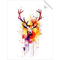 Warren Reed - Designer Watercolour Stag Face Unframed Art Print | Size: W16" x H24"