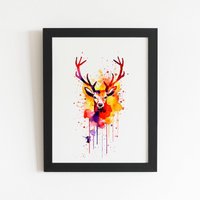 Warren Reed - Designer Watercolour Stag Face Framed Art Print in Black | Size: W16" x H24"