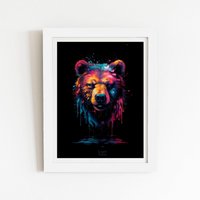 Warren Reed - Designer Splashart Bear Face Framed Art Print in White | Size: W12" x H16"