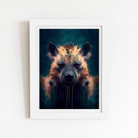 Warren Reed - Designer Hyena Face Splashart Dark Background Framed Art Print in White | Size: W12" x H16"