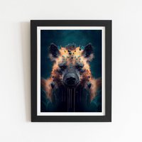 Warren Reed - Designer Hyena Face Splashart Dark Background Framed Art Print in Black | Size: W16" x H24"