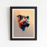 Warren Reed - Designer Hyena Face Splashart Light Background Framed Art Print in Black | Size: W24" x H36"