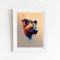 Warren Reed - Designer Hyena Face Splashart Light Background Framed Art Print in White | Size: W24" x H36"
