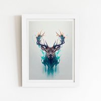 Warren Reed - Designer Stag Face Splashart Framed Art Print in White | Size: W12" x H16"