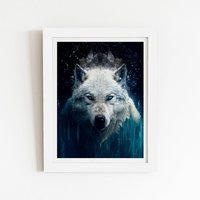 Warren Reed - Designer White Wolf Face Splashart Framed Art Print | Size: W12" x H16"