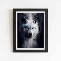 Warren Reed - Designer White Wolf Face Splashart Dark Backgrouns Framed Art Print in Black | Size: W20" x H30"