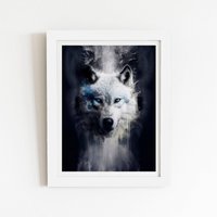 Warren Reed - Designer White Wolf Face Splashart Dark Backgrouns Framed Art Print | Size: W24" x H36"