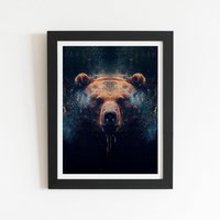 Warren Reed - Designer Brown Bear Face Splashart Framed Art Print in Black | Size: W8" x H10"