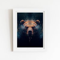 Warren Reed - Designer Brown Bear Face Splashart Framed Art Print in White | Size: W24" x H36"