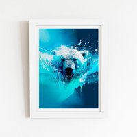 Warren Reed - Designer Polar Bear Face Splashart Framed Art Print in White | Size: W24" x H36"