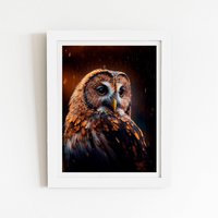Warren Reed - Designer Tawny Owl Face Splashart Dark Background Framed Art Print in White | Size: W20" x H30"