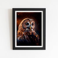 Warren Reed - Designer Tawny Owl Face Splashart Dark Background Framed Art Print in Black | Size: W24" x H36"