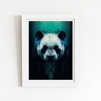 Warren Reed - Designer Panda Face Splashart Dark Background Framed Art Print in White | Size: W16" x H24"