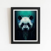 Warren Reed - Designer Panda Face Splashart Dark Background Framed Art Print in Black | Size: W24" x H36"