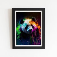 Warren Reed - Designer Panda Face Splashart Colourful Framed Art Print in Black | Size: W20" x H30"
