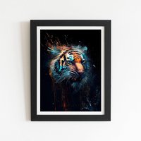 Warren Reed - Designer Tiger Face Splashart Dark Background Framed Art Print in Black | Size: W24" x H36"