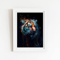 Warren Reed - Designer Tiger Face Splashart Dark Background Framed Art Print in White | Size: W24" x H36"