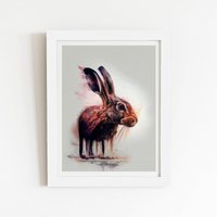 Warren Reed - Designer Hare Face Splashart Framed Art Print in White | Size: W16" x H24"