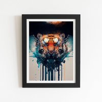 Warren Reed - Designer Tiger Face Splashart Framed Art Print in Black | Size: W8" x H10"