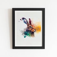 Warren Reed - Designer Hare Close Up Splashart Framed Art Print in Black | Size: W8" x H10"