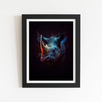 Warren Reed - Designer Rhino Face Splashart Framed Art Print in Black | Size: W8" x H10"