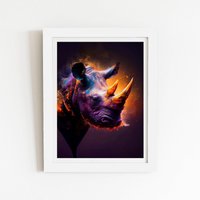 Warren Reed - Designer Golden Rhino Face Splashart Framed Art Print in White | Size: W8" x H10"