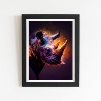 Warren Reed - Designer Golden Rhino Face Splashart Framed Art Print in Black | Size: W12" x H16"