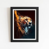 Warren Reed - Designer Cheetah Face Splashart Dark Background Framed Art Print in Black | Size: W24" x H36"